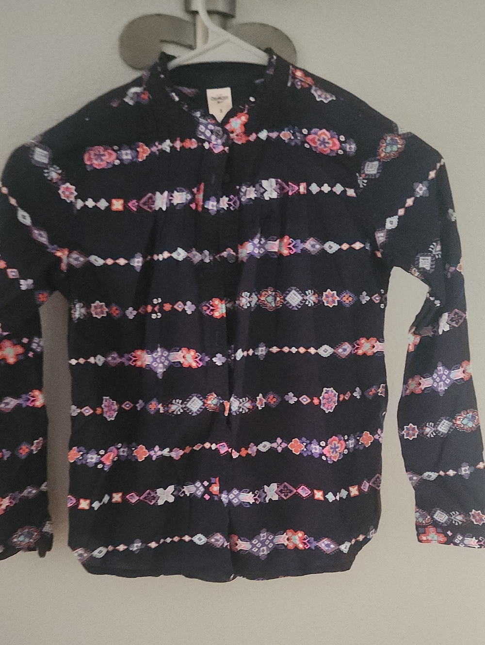 OshKosh B'gosh Girl's 8 Navy Button-Down Shirt with Pink & Floral Stripe Accents